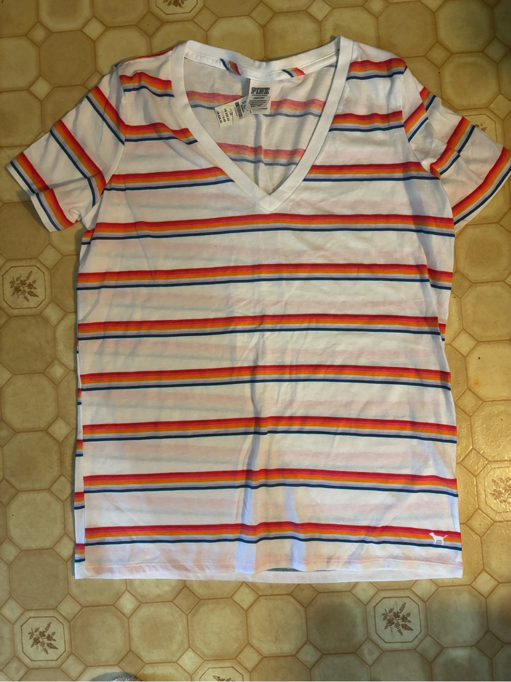 PINK Victoria's Secret White V-Neck Tee with Pink, Orange & Blue Stripes